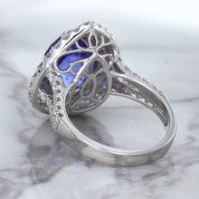Load image into Gallery viewer, 6.08ct Pear Shaped Blue Sapphire Ring with Sapphire and Diamond halo in 18K White Gold
