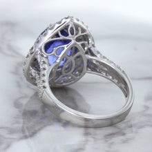 Load image into Gallery viewer, 6.08ct Pear Shaped Blue Sapphire Ring with Sapphire and Diamond halo in 18K White Gold