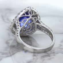 Load image into Gallery viewer, 6.08ct Pear Shaped Blue Sapphire Ring with Sapphire and Diamond halo in 18K White Gold