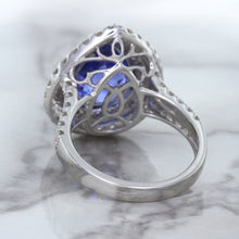 Load image into Gallery viewer, 6.08ct Pear Shaped Blue Sapphire Ring with Sapphire and Diamond halo in 18K White Gold