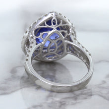 Load image into Gallery viewer, 6.08ct Pear Shaped Blue Sapphire Ring with Sapphire and Diamond halo in 18K White Gold