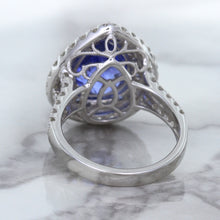 Load image into Gallery viewer, 6.08ct Pear Shaped Blue Sapphire Ring with Sapphire and Diamond halo in 18K White Gold