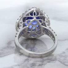Load image into Gallery viewer, 6.08ct Pear Shaped Blue Sapphire Ring with Sapphire and Diamond halo in 18K White Gold