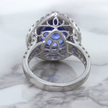 Load image into Gallery viewer, 6.08ct Pear Shaped Blue Sapphire Ring with Sapphire and Diamond halo in 18K White Gold
