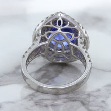Load image into Gallery viewer, 6.08ct Pear Shaped Blue Sapphire Ring with Sapphire and Diamond halo in 18K White Gold