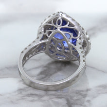 Load image into Gallery viewer, 6.08ct Pear Shaped Blue Sapphire Ring with Sapphire and Diamond halo in 18K White Gold