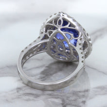 Load image into Gallery viewer, 6.08ct Pear Shaped Blue Sapphire Ring with Sapphire and Diamond halo in 18K White Gold