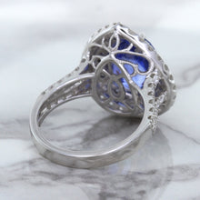 Load image into Gallery viewer, 6.08ct Pear Shaped Blue Sapphire Ring with Sapphire and Diamond halo in 18K White Gold