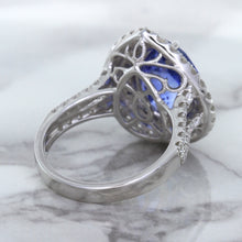 Load image into Gallery viewer, 6.08ct Pear Shaped Blue Sapphire Ring with Sapphire and Diamond halo in 18K White Gold