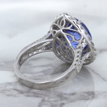 Load image into Gallery viewer, 6.08ct Pear Shaped Blue Sapphire Ring with Sapphire and Diamond halo in 18K White Gold