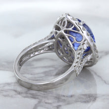Load image into Gallery viewer, 6.08ct Pear Shaped Blue Sapphire Ring with Sapphire and Diamond halo in 18K White Gold