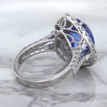 Load image into Gallery viewer, 6.08ct Pear Shaped Blue Sapphire Ring with Sapphire and Diamond halo in 18K White Gold