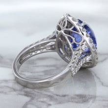 Load image into Gallery viewer, 6.08ct Pear Shaped Blue Sapphire Ring with Sapphire and Diamond halo in 18K White Gold
