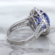 Load image into Gallery viewer, 6.08ct Pear Shaped Blue Sapphire Ring with Sapphire and Diamond halo in 18K White Gold