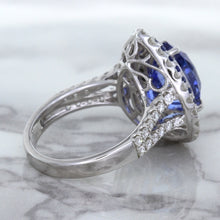 Load image into Gallery viewer, 6.08ct Pear Shaped Blue Sapphire Ring with Sapphire and Diamond halo in 18K White Gold