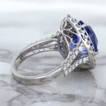 Load image into Gallery viewer, 6.08ct Pear Shaped Blue Sapphire Ring with Sapphire and Diamond halo in 18K White Gold