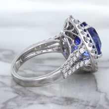 Load image into Gallery viewer, 6.08ct Pear Shaped Blue Sapphire Ring with Sapphire and Diamond halo in 18K White Gold