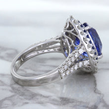 Load image into Gallery viewer, 6.08ct Pear Shaped Blue Sapphire Ring with Sapphire and Diamond halo in 18K White Gold