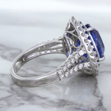 Load image into Gallery viewer, 6.08ct Pear Shaped Blue Sapphire Ring with Sapphire and Diamond halo in 18K White Gold