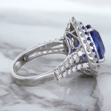 Load image into Gallery viewer, 6.08ct Pear Shaped Blue Sapphire Ring with Sapphire and Diamond halo in 18K White Gold
