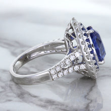 Load image into Gallery viewer, 6.08ct Pear Shaped Blue Sapphire Ring with Sapphire and Diamond halo in 18K White Gold