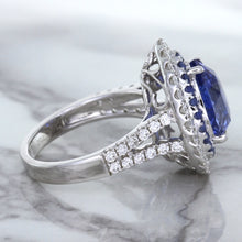 Load image into Gallery viewer, 6.08ct Pear Shaped Blue Sapphire Ring with Sapphire and Diamond halo in 18K White Gold