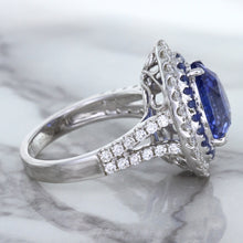 Load image into Gallery viewer, 6.08ct Pear Shaped Blue Sapphire Ring with Sapphire and Diamond halo in 18K White Gold