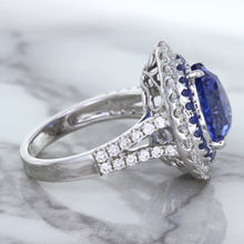 Load image into Gallery viewer, 6.08ct Pear Shaped Blue Sapphire Ring with Sapphire and Diamond halo in 18K White Gold