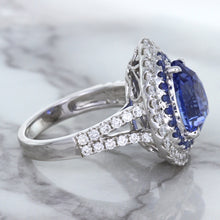Load image into Gallery viewer, 6.08ct Pear Shaped Blue Sapphire Ring with Sapphire and Diamond halo in 18K White Gold