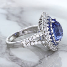 Load image into Gallery viewer, 6.08ct Pear Shaped Blue Sapphire Ring with Sapphire and Diamond halo in 18K White Gold