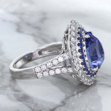 Load image into Gallery viewer, 6.08ct Pear Shaped Blue Sapphire Ring with Sapphire and Diamond halo in 18K White Gold
