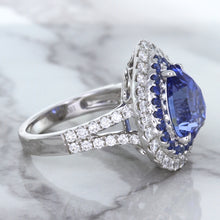 Load image into Gallery viewer, 6.08ct Pear Shaped Blue Sapphire Ring with Sapphire and Diamond halo in 18K White Gold