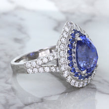 Load image into Gallery viewer, 6.08ct Pear Shaped Blue Sapphire Ring with Sapphire and Diamond halo in 18K White Gold