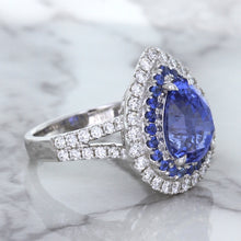 Load image into Gallery viewer, 6.08ct Pear Shaped Blue Sapphire Ring with Sapphire and Diamond halo in 18K White Gold