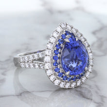 Load image into Gallery viewer, 6.08ct Pear Shaped Blue Sapphire Ring with Sapphire and Diamond halo in 18K White Gold