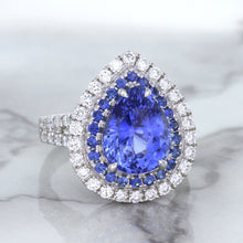 Load image into Gallery viewer, 6.08ct Pear Shaped Blue Sapphire Ring with Sapphire and Diamond halo in 18K White Gold