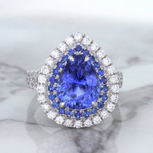 Load image into Gallery viewer, 6.08ct Pear Shaped Blue Sapphire Ring with Sapphire and Diamond halo in 18K White Gold