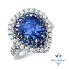 Load image into Gallery viewer, 6.08ct Pear Shaped Blue Sapphire with sapphire and diamond halo in 18K White Gold
