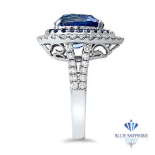 Load image into Gallery viewer, 6.08ct Pear Shaped Blue Sapphire with sapphire and diamond halo in 18K White Gold