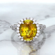 Load image into Gallery viewer, 3.64ct Oval Yellow Sapphire Ring with Diamond Halo in 18K White Gold