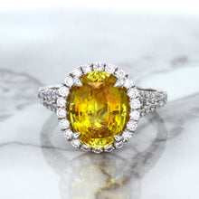 Load image into Gallery viewer, 3.64ct Oval Yellow Sapphire Ring with Diamond Halo in 18K White Gold