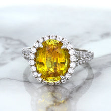 Load image into Gallery viewer, 3.64ct Oval Yellow Sapphire Ring with Diamond Halo in 18K White Gold