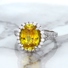 Load image into Gallery viewer, 3.64ct Oval Yellow Sapphire Ring with Diamond Halo in 18K White Gold