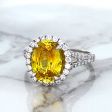 Load image into Gallery viewer, 3.64ct Oval Yellow Sapphire Ring with Diamond Halo in 18K White Gold