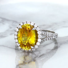 Load image into Gallery viewer, 3.64ct Oval Yellow Sapphire Ring with Diamond Halo in 18K White Gold
