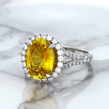 Load image into Gallery viewer, 3.64ct Oval Yellow Sapphire Ring with Diamond Halo in 18K White Gold