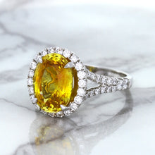 Load image into Gallery viewer, 3.64ct Oval Yellow Sapphire Ring with Diamond Halo in 18K White Gold