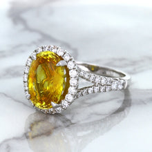 Load image into Gallery viewer, 3.64ct Oval Yellow Sapphire Ring with Diamond Halo in 18K White Gold