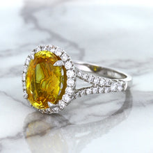 Load image into Gallery viewer, 3.64ct Oval Yellow Sapphire Ring with Diamond Halo in 18K White Gold