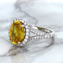 Load image into Gallery viewer, 3.64ct Oval Yellow Sapphire Ring with Diamond Halo in 18K White Gold